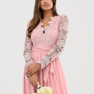 Bridesmaid long sleeve crochet
detail maxi dress.Sugar Pink, size
(us.4).